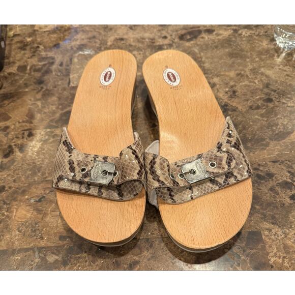 Dr. Scholl's Shoes - Original Flex Distressed snake Print Suede Cork Buckle Hardware Slide Sandals